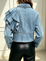 Retro Chic Ruffle Zip Art Casual Stylish Long Sleeve Denim Coat