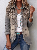 Retro Leopard Pattern Art Print Ruffle Casual Stylish Cotton Lapel Coat