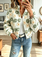 Retro Fuzzy Warm Floral Pattern Zip Art Casual Stylish Long Sleeve Coat