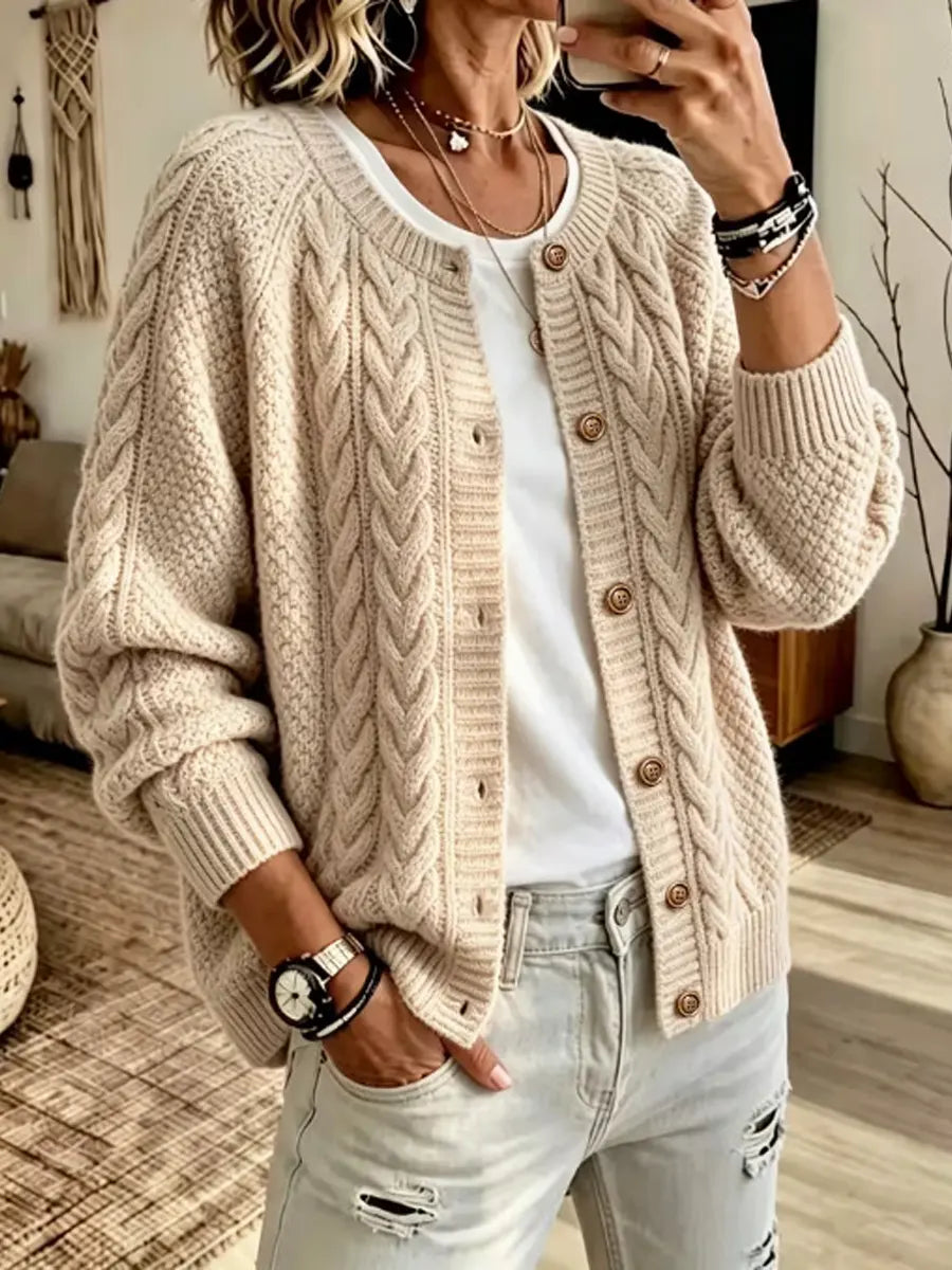 Retro Cozy Art Casual Cable Knit Stylish Long Sleeve Cardigan Sweater