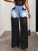 Chic Denim & Floral Lace Spliced Art Casual Wide Leg Pants