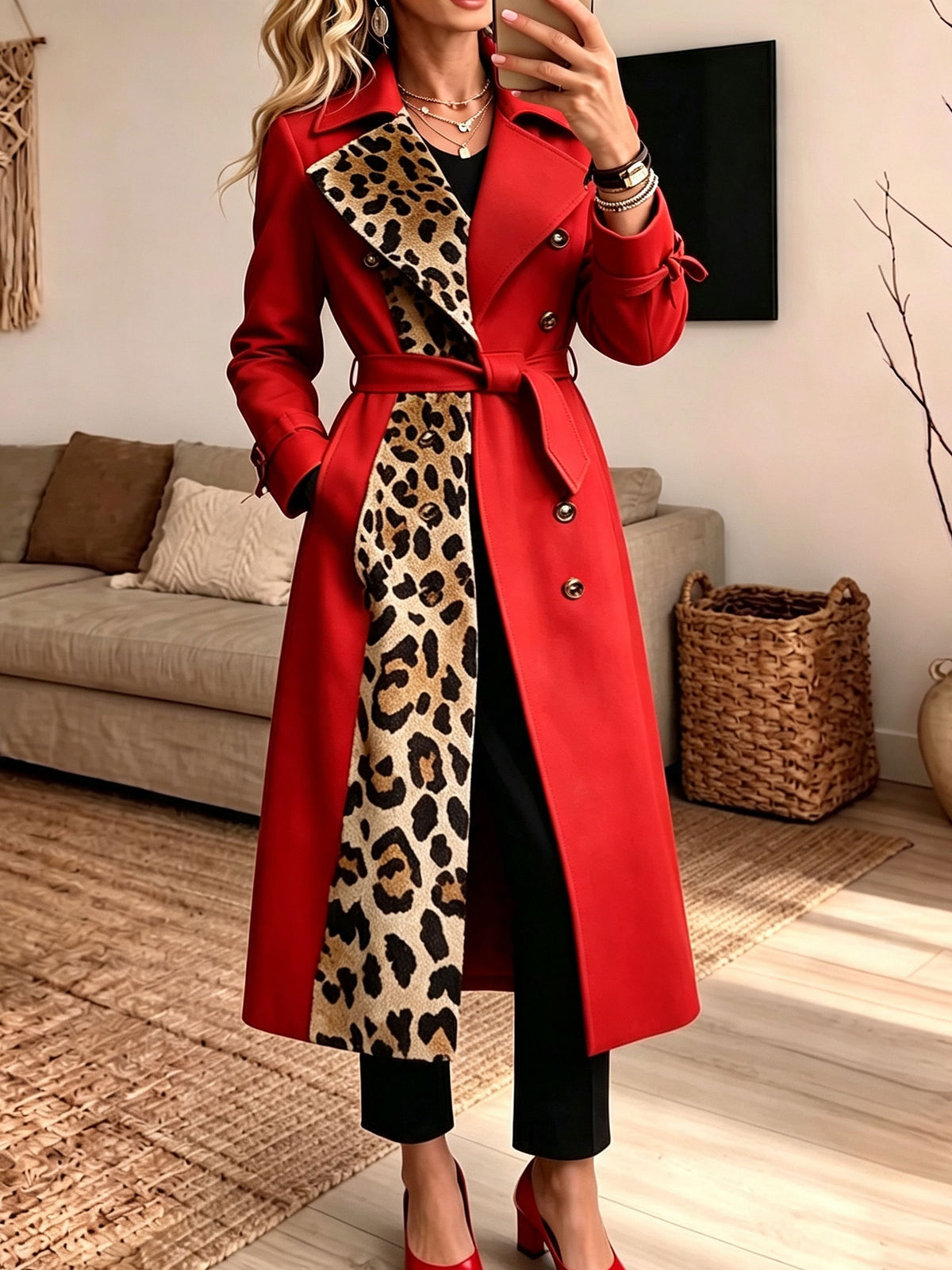Women Red Leopard Patchwork Long Trench Coat Lapel Double‑Breasted Belted Waist Winter Overcoat With Pockets