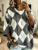 Women Argyle Diamond Pattern Hooded Half‑Sleeve Knit Sweater