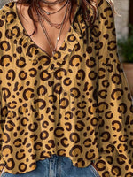 Women's Leopard Pattern Art Print Ruffle Casual Long Sleeve Cotton Linen Shirt