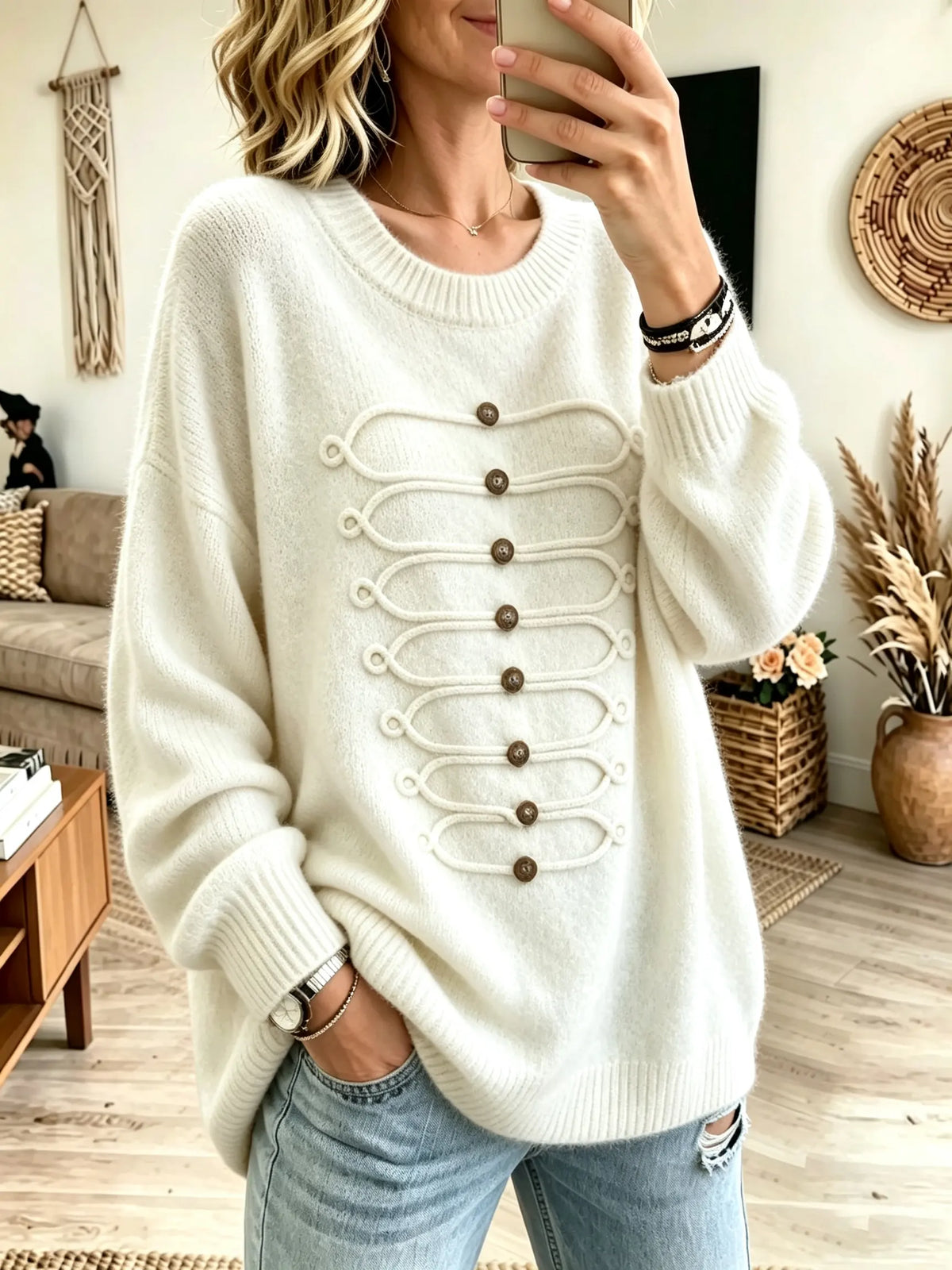 Women's Military Braided Frogs Crewneck Sweater