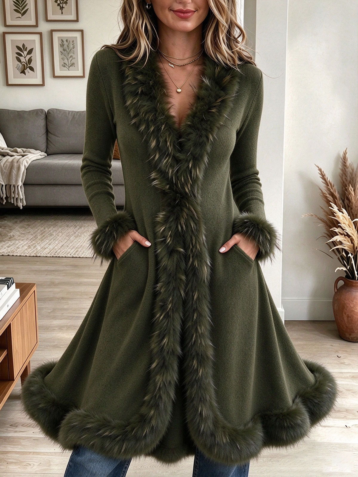 Women's Olive Green Knit Long Coat with Plush Faux Fur Trim and Pockets