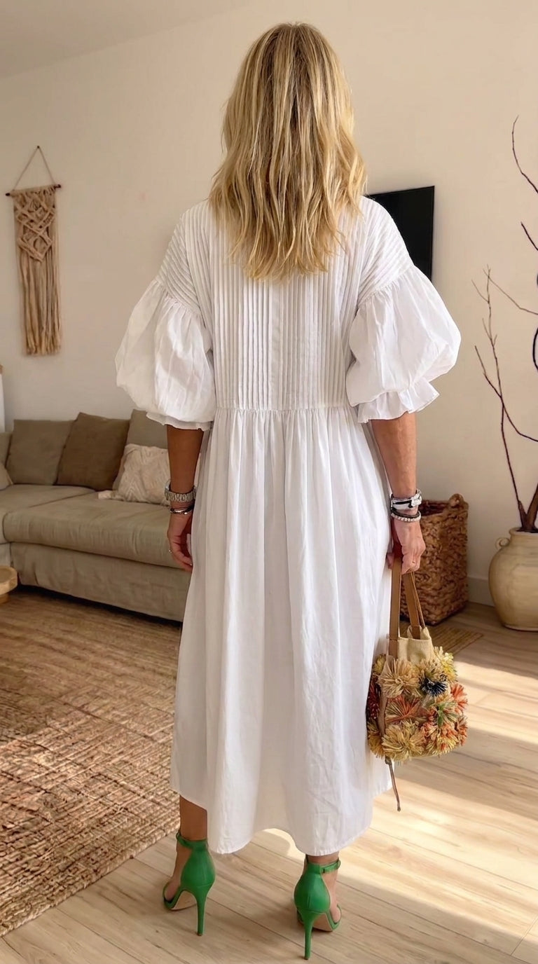 Women White Pleated Midi Dress Puff Short Sleeve Button Down Loose Casual Shirt Dress