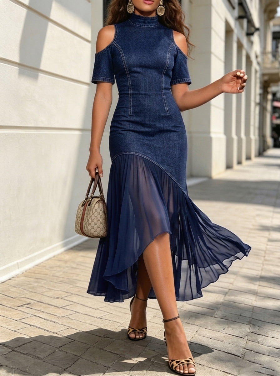 Women Color Block Pleated Midi Dress V‑Neck Layered Ruffle 3/4 Sleeve Flowy Chiffon Dress