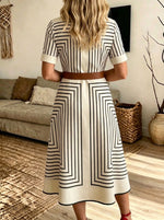 Women's Geometric Stripe Shirt Midi Dress With Belt And Pockets