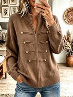 Women's Zip Up Mock Neck Knit Cardigan, Decorative Gold Button Long Sleeve Sweater Jacket
