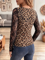 Vintage Elegant Leopard Patchwork Sheer Lace Shirt