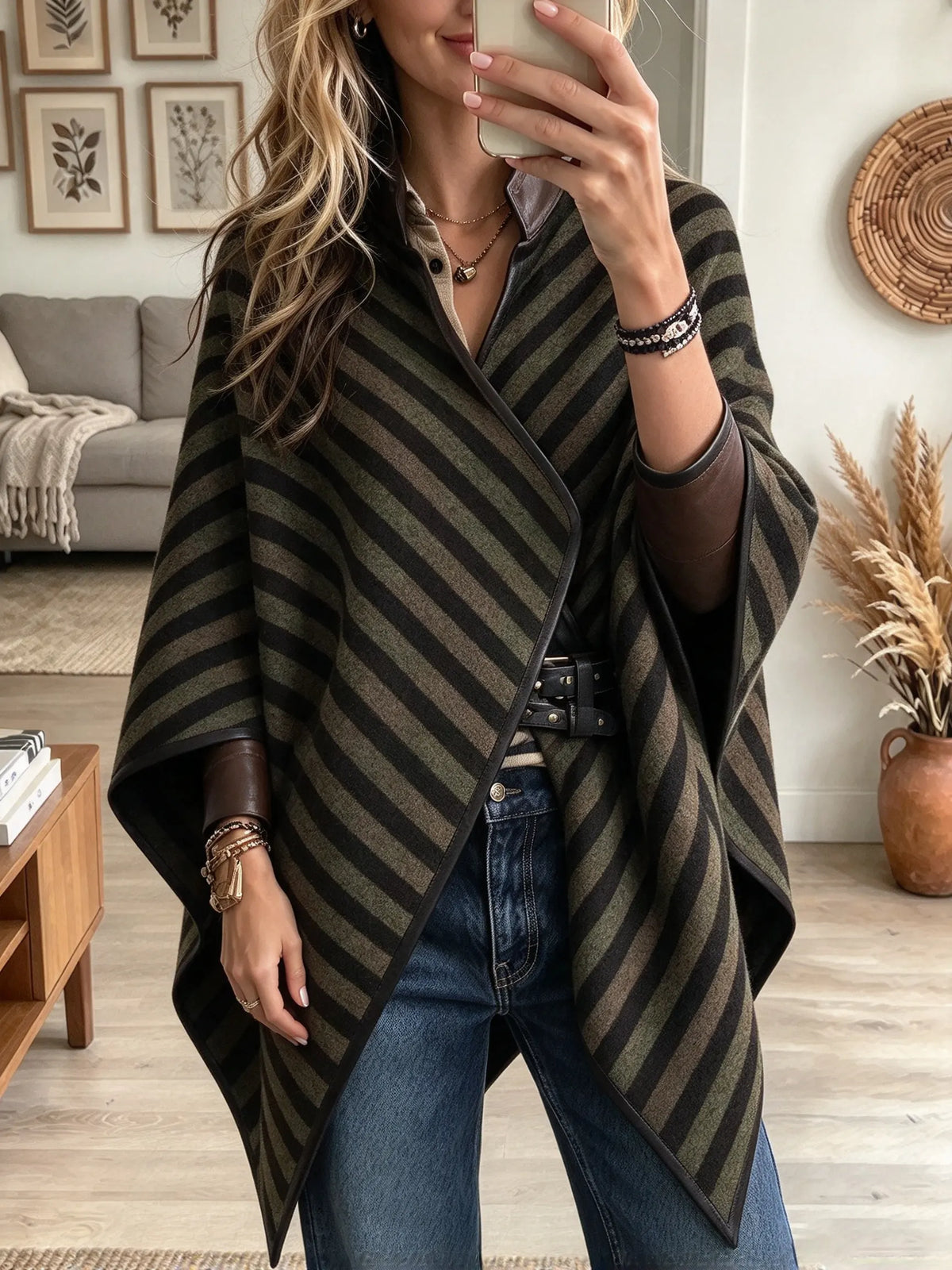 Women's Striped Faux Leather Trim Poncho Cape