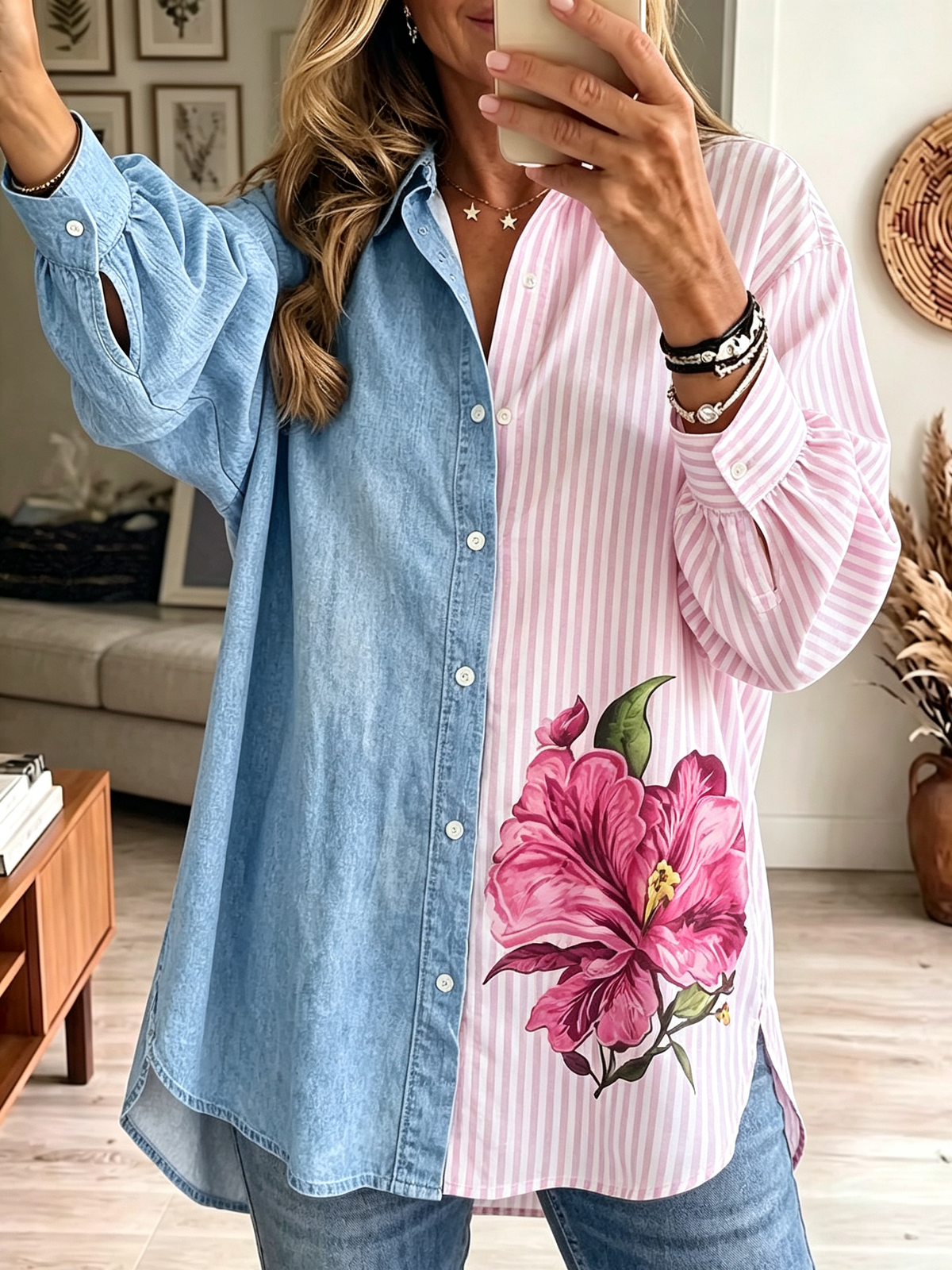 Women's Patchwork Denim Striped Floral Shirt