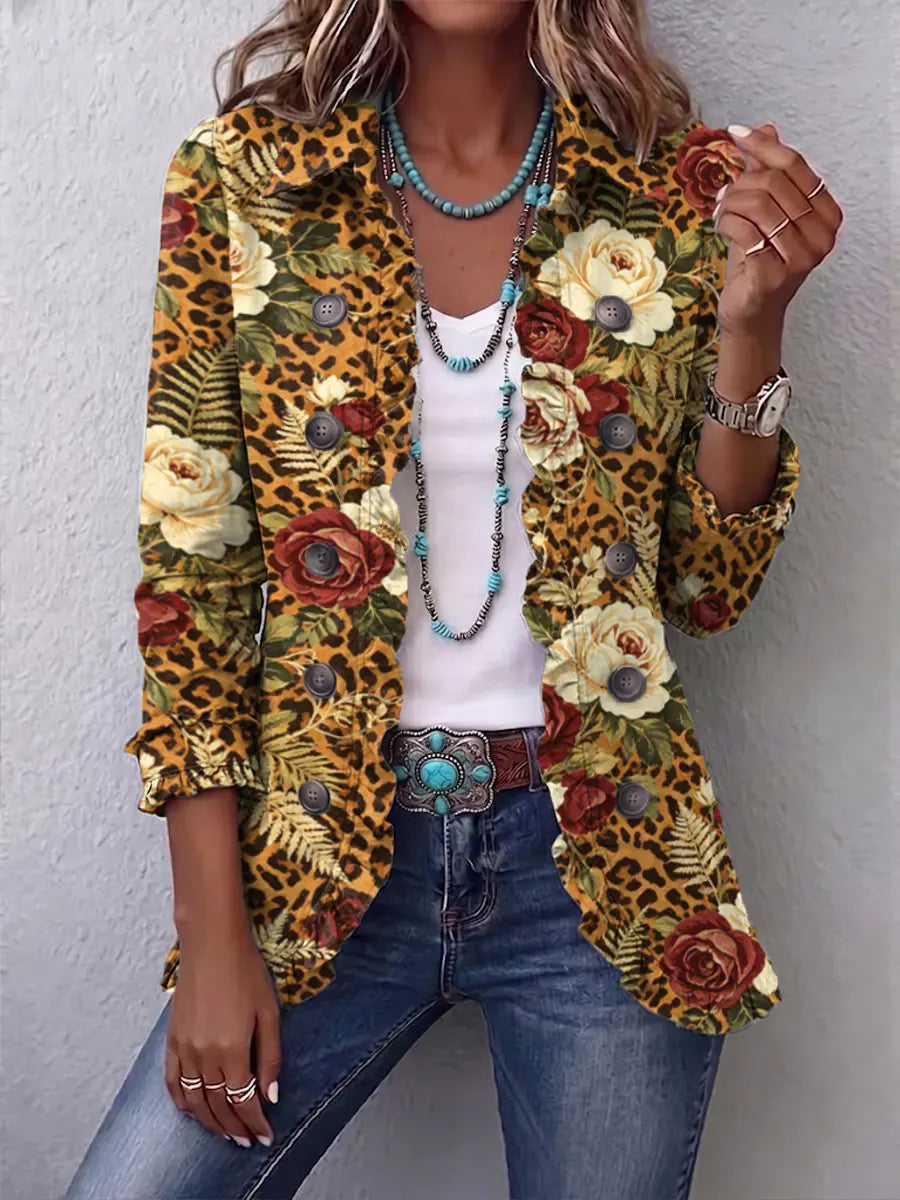Retro Leopard Floral Art Pattern Print Ruffle Casual Stylish Cotton Lapel Coat