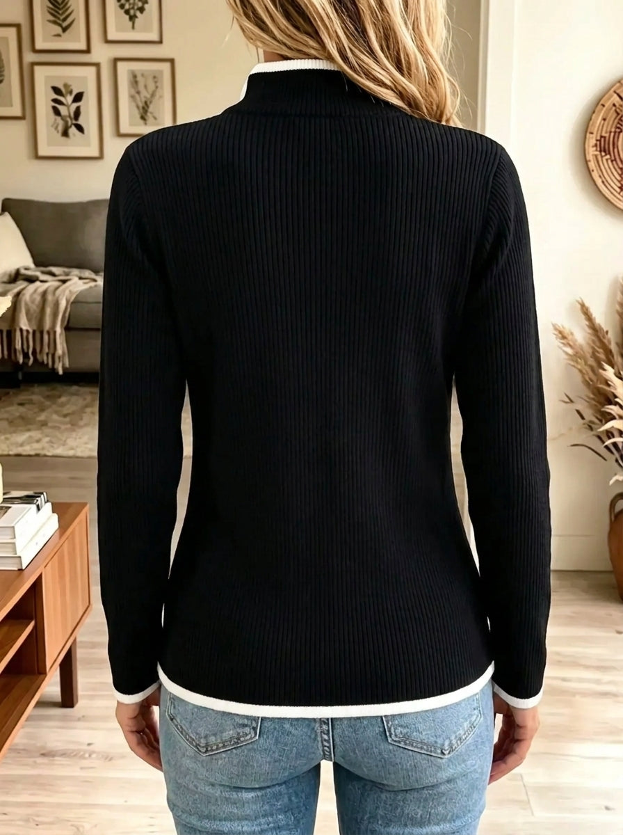 Women's Contrast Trim Full-Zip Ribbed Knit Cardigan