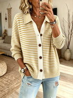 Women Green White Horizontal Stripe Collared Single Breasted Loose Knit Cardigan