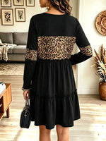 Women's Leopard Contrast Tiered Babydoll Dress