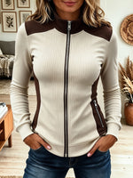 Women Color Block Ribbed Stand Collar Full Zip Jacket