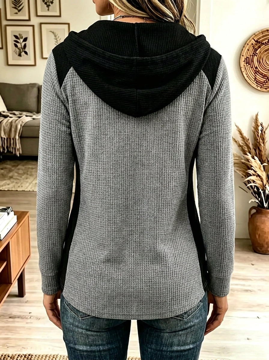 Women's Colorblock Button Henley Waffle Hoodie