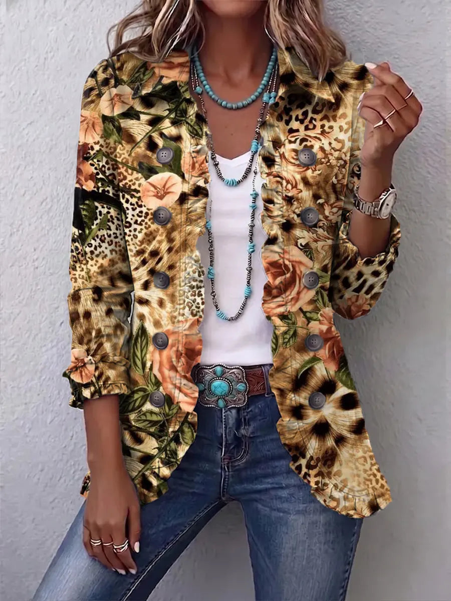 Retro Floral Leopard Pattern Art Print Ruffle Casual Stylish Cotton Lapel Coat