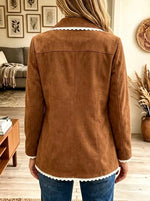 Women's Scalloped Lace Trim Faux Suede Jacket