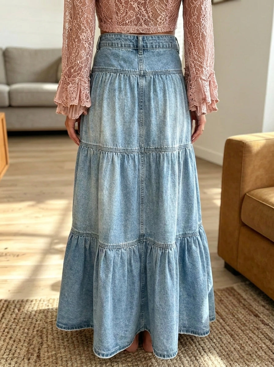 Women's High-Waisted Button-Front Tiered Denim Maxi Skirt