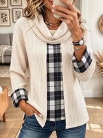 Vintage Elegant Waffle Knit Patchwork Plaid Turtleneck Shirt