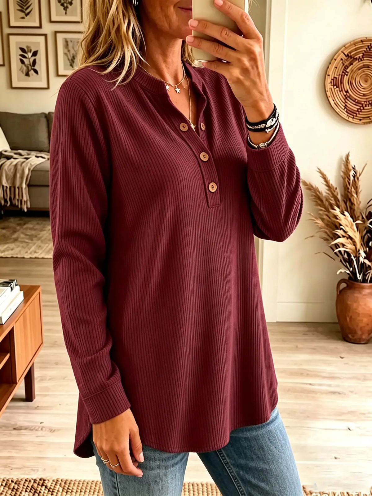 Women's Ribbed Henley Long Sleeve Tunic Top