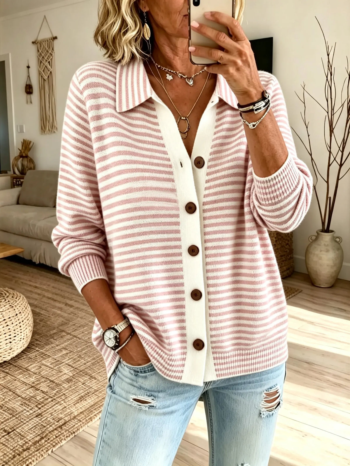 Women Green White Horizontal Stripe Collared Single Breasted Loose Knit Cardigan