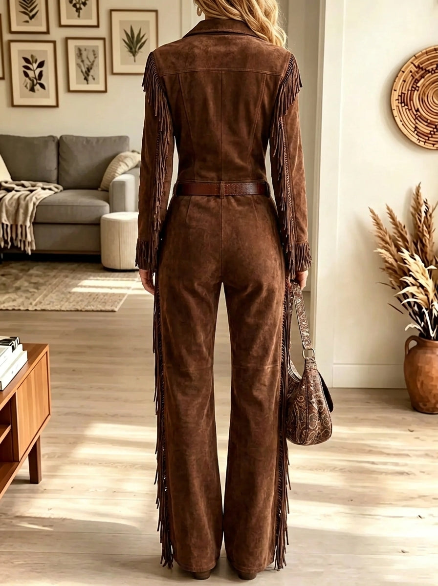 Women's Western Fringe Full-Zip Suede Jumpsuit