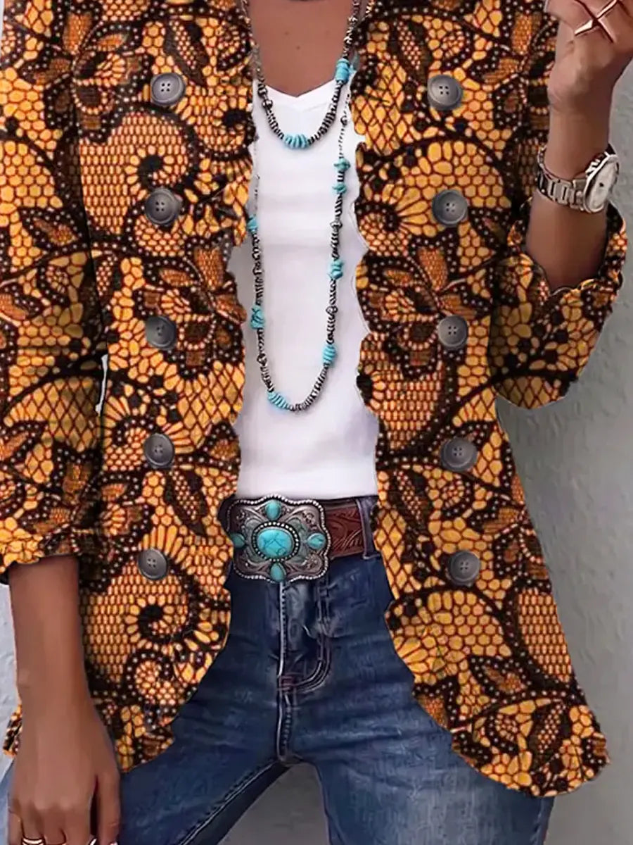 Retro Floral Pattern Art Print Ruffle Casual Stylish Cotton Lapel Coat