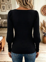 Women's Square Neck Puff Sleeve Button Ribbed Top