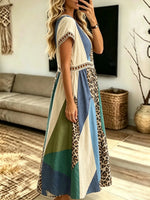 Women's Leopard Geometric Color Block Patchwork Hollow Short Sleeve Midi Dress