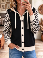 Women's Black and Cream Colorblock Hooded Cardigan with Leopard Print Sleeves
