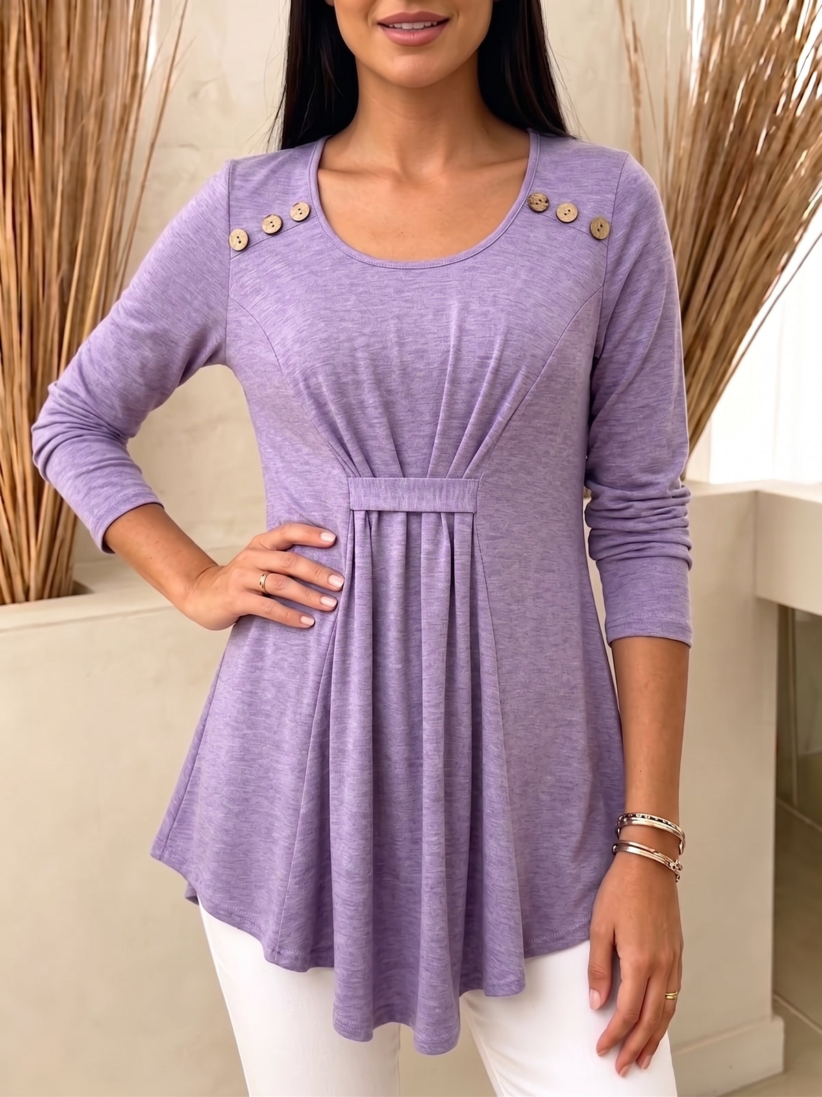 Women Round Neck Button Decor Long Sleeve Tunic Top Pleated Waist Swing Casual Blouse