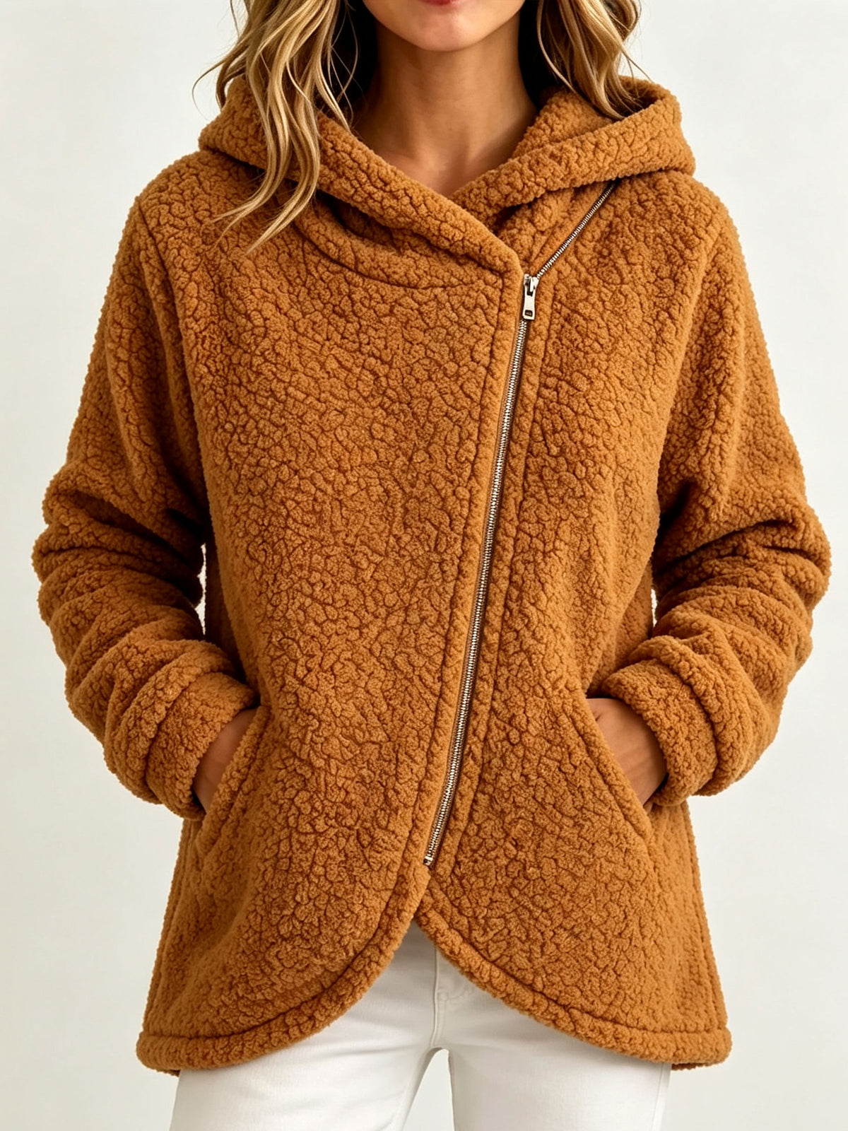 Women Teddy Fleece Hooded Jacket Diagonal Zip Warm Fuzzy Coat With Side Pockets