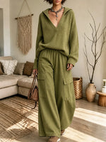 Women's hooded V-neck knitted sweater and wide-leg cargo pants two-piece set
