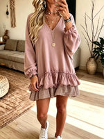 Retro Ruffle Plaid Patchwork Art Casual Stylish Long Sleeve Short Dress