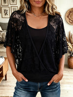 Women's Floral Lace Wrap Batwing Top, Long Sleeve Surplice Faux Two-Piece Blouse