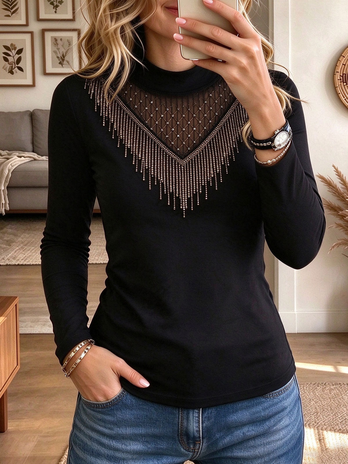 Women's Black Mock Neck Long Sleeve Top with Sparkling Rhinestone Fringe Mesh Yoke