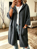 Cozy Hooded Knit Art Casual Pockets Stylish 3/4 Sleeve Cardigan Coat
