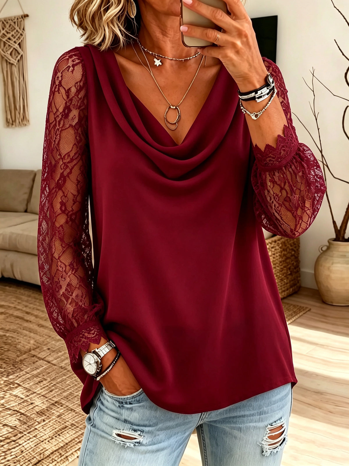Women's Cowl Neck Lace Sleeve Blouse