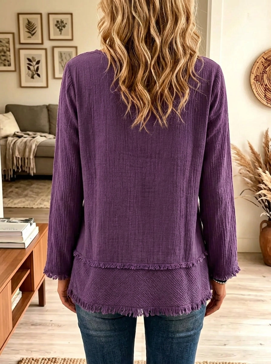 Women's Frayed Trim Textured Scoop Neck Tunic Top
