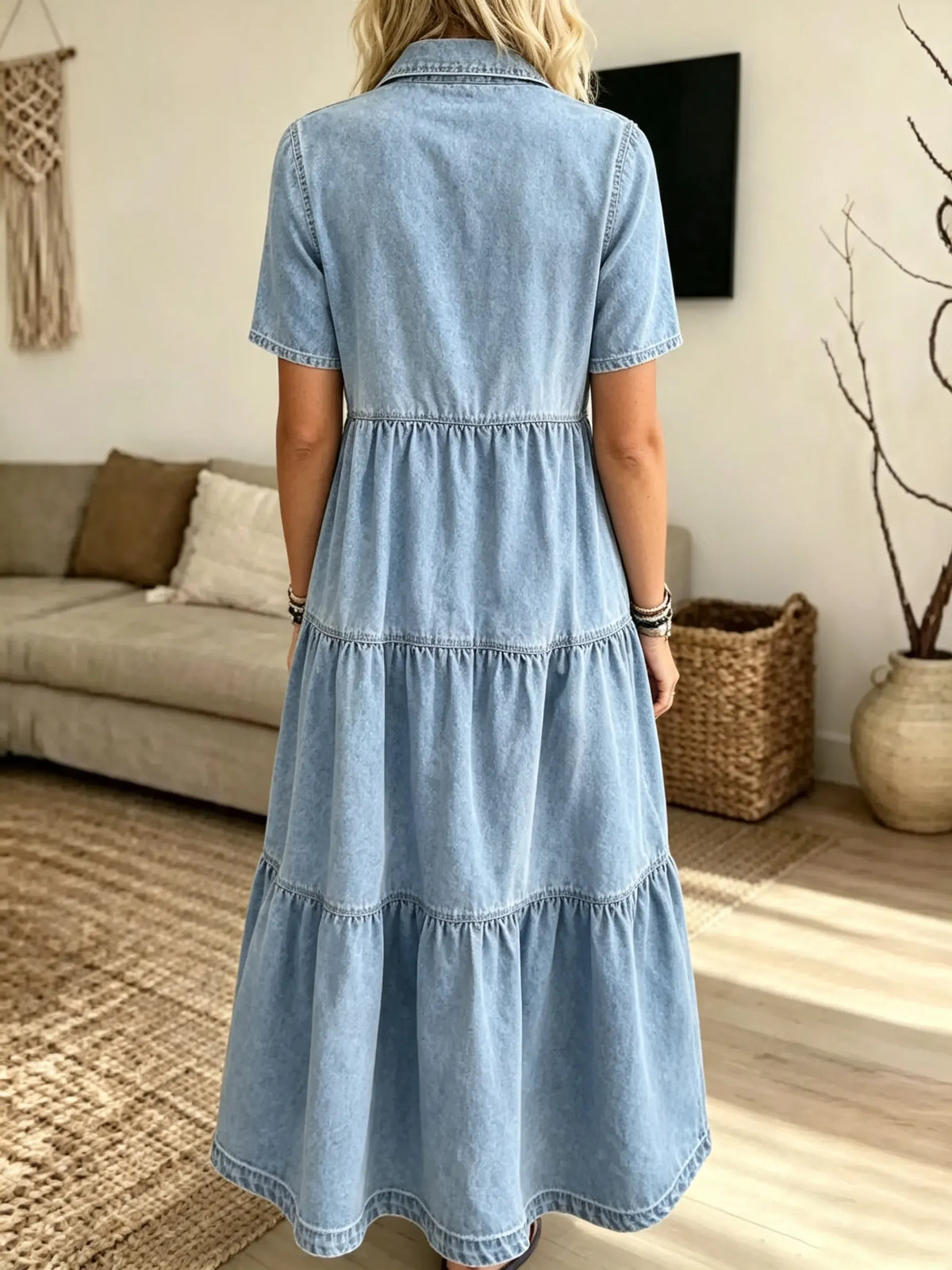 Women's Tiered Denim Maxi Shirt Dress