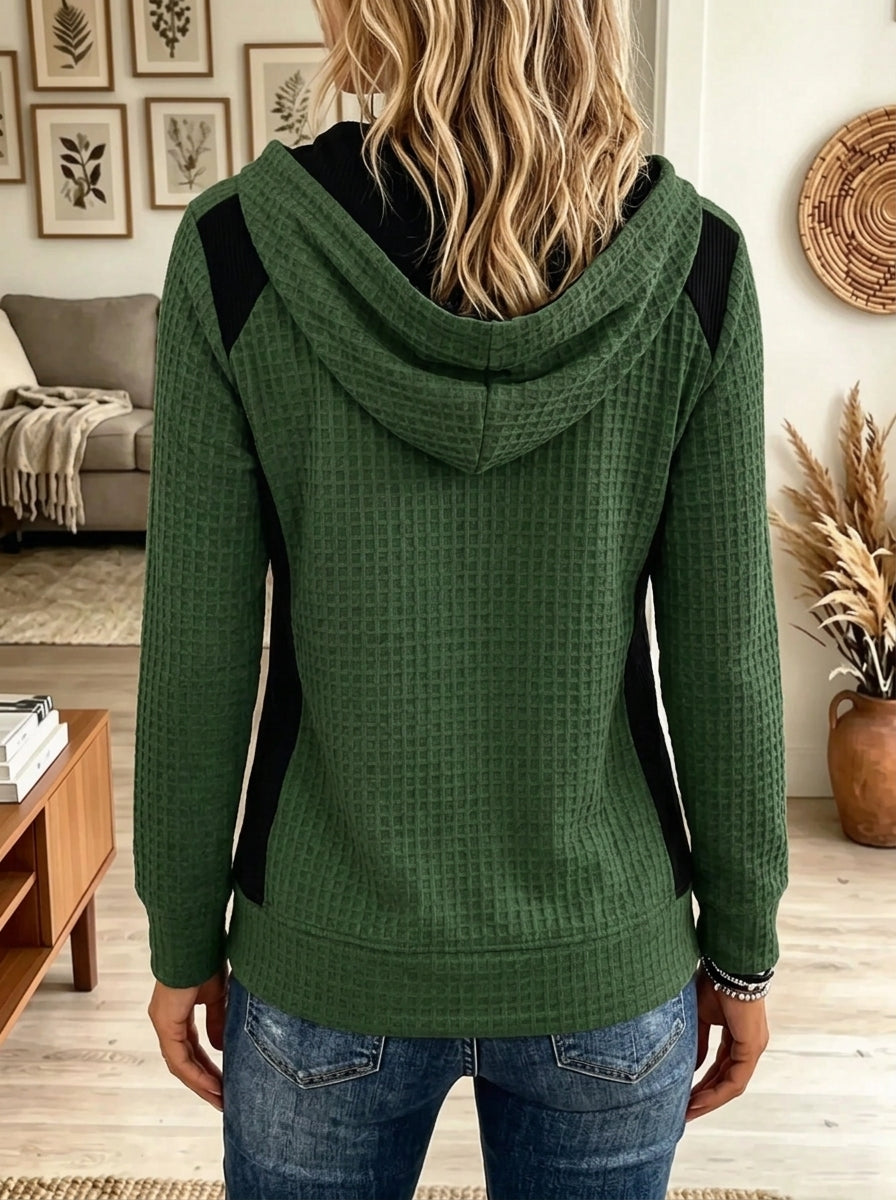 Women's Waffle Knit Button-Up Colorblock Hoodie