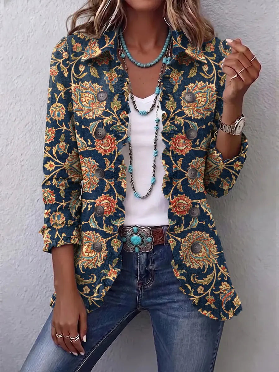 Retro Floral Art Pattern Print Ruffle Casual Stylish Cotton Lapel Coat