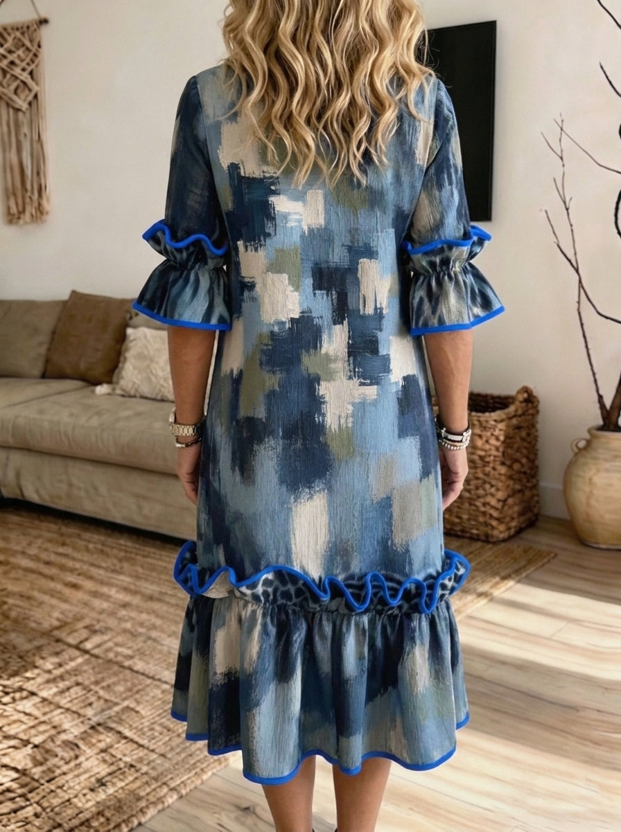 Women Abstract Brush Print Midi Dress Ruffle Short Sleeve Crew Neck Loose Dress With Side Pockets