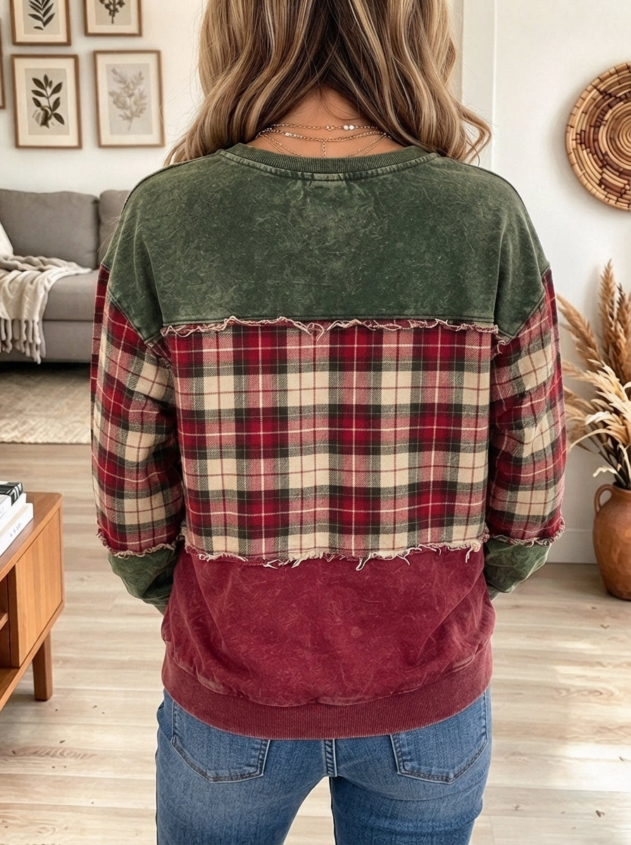 Women's Colorblock Christmas Tree Patchwork Sweatshirt with Plaid Details