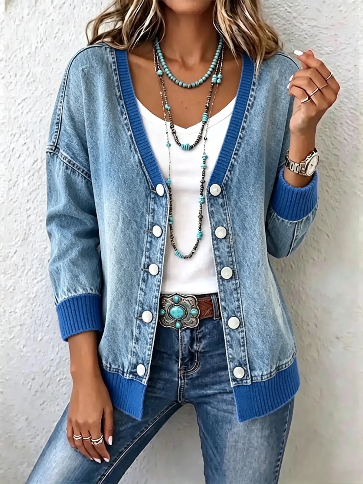 Women Rib‑Spliced Denim V‑Neck Cardigan
