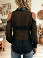 Women's Cold-Shoulder Faux Leather Trim Sheer Shirt